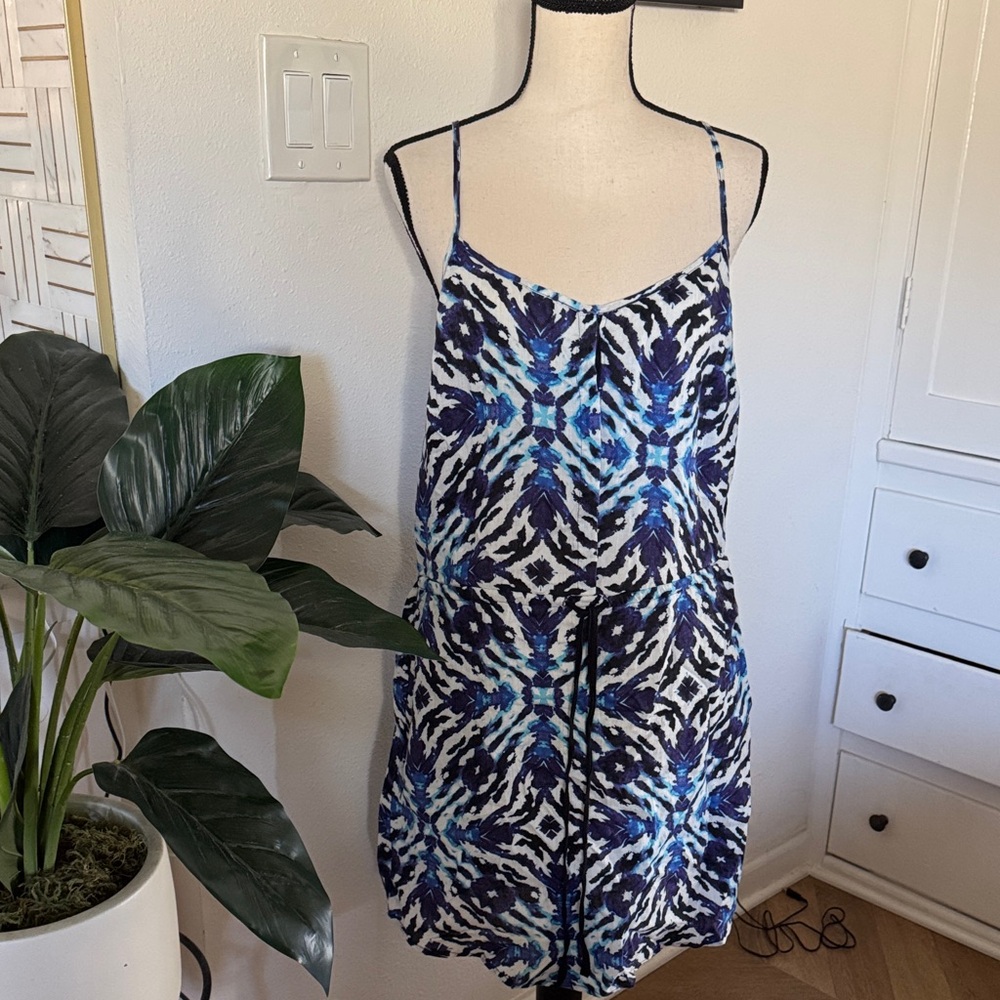 Blue and White Patterned Spaghetti Strap linen Dress
